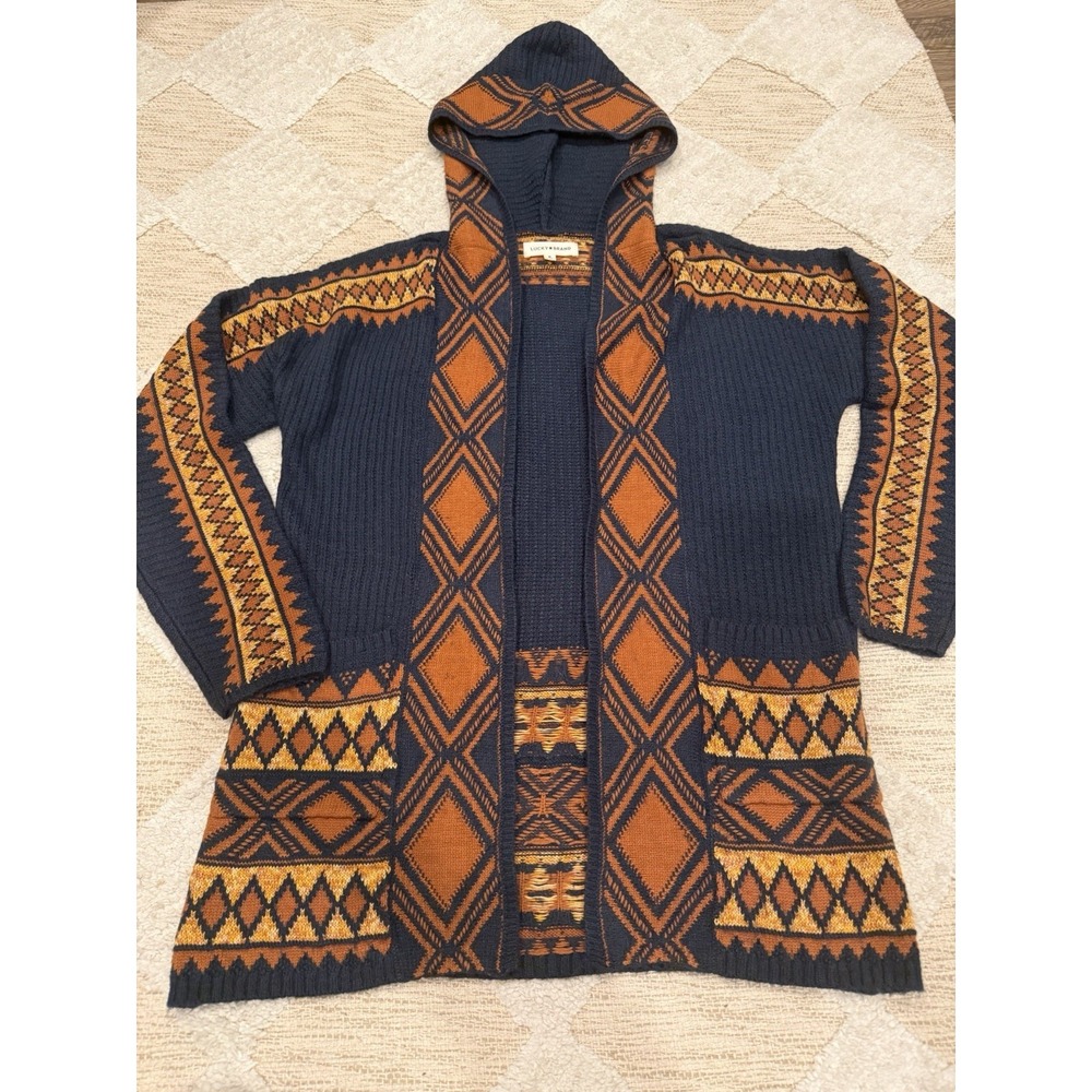 Lucky Brand Southwestern Aztec Cardigan Med Blue Oversize Boho Retro Cozy Hooded